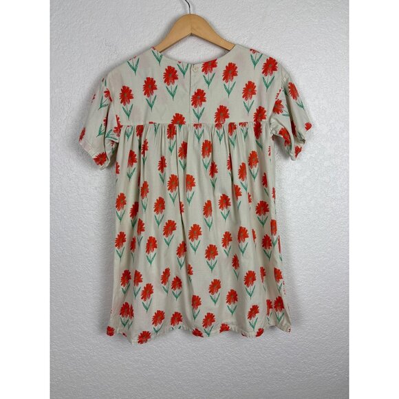 Bobo Choses Floral Print Dress Girls 8-9 Years Beige & Red Short Sleeves Cotton - Picture 4 of 7